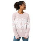 AEMBR classic fit light pink crew neck sweater with holiday patterns, modeled by a woman