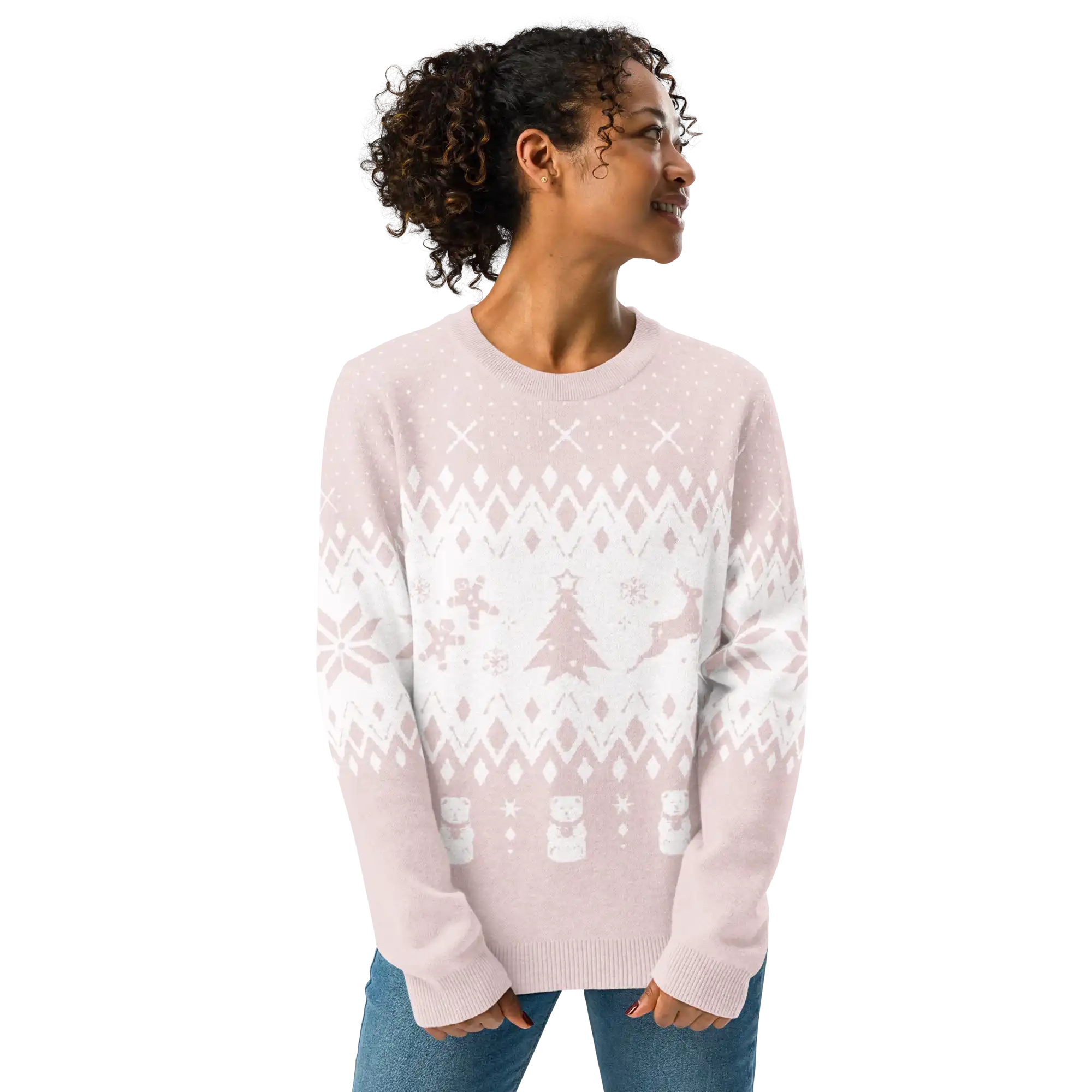 AEMBR classic fit light pink crew neck sweater with holiday patterns, modeled by a woman