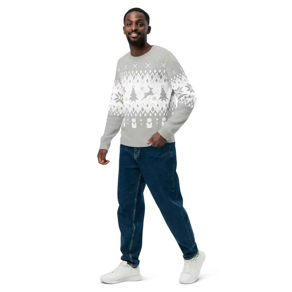 Man wearing AEMBR classic fit knitted crew neck sweater with winter pattern, blue jeans, and white sneakers