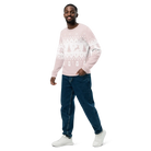 Man wearing AEMBR classic fit knitted crew neck sweater with festive pattern, blue jeans, and white sneakers
