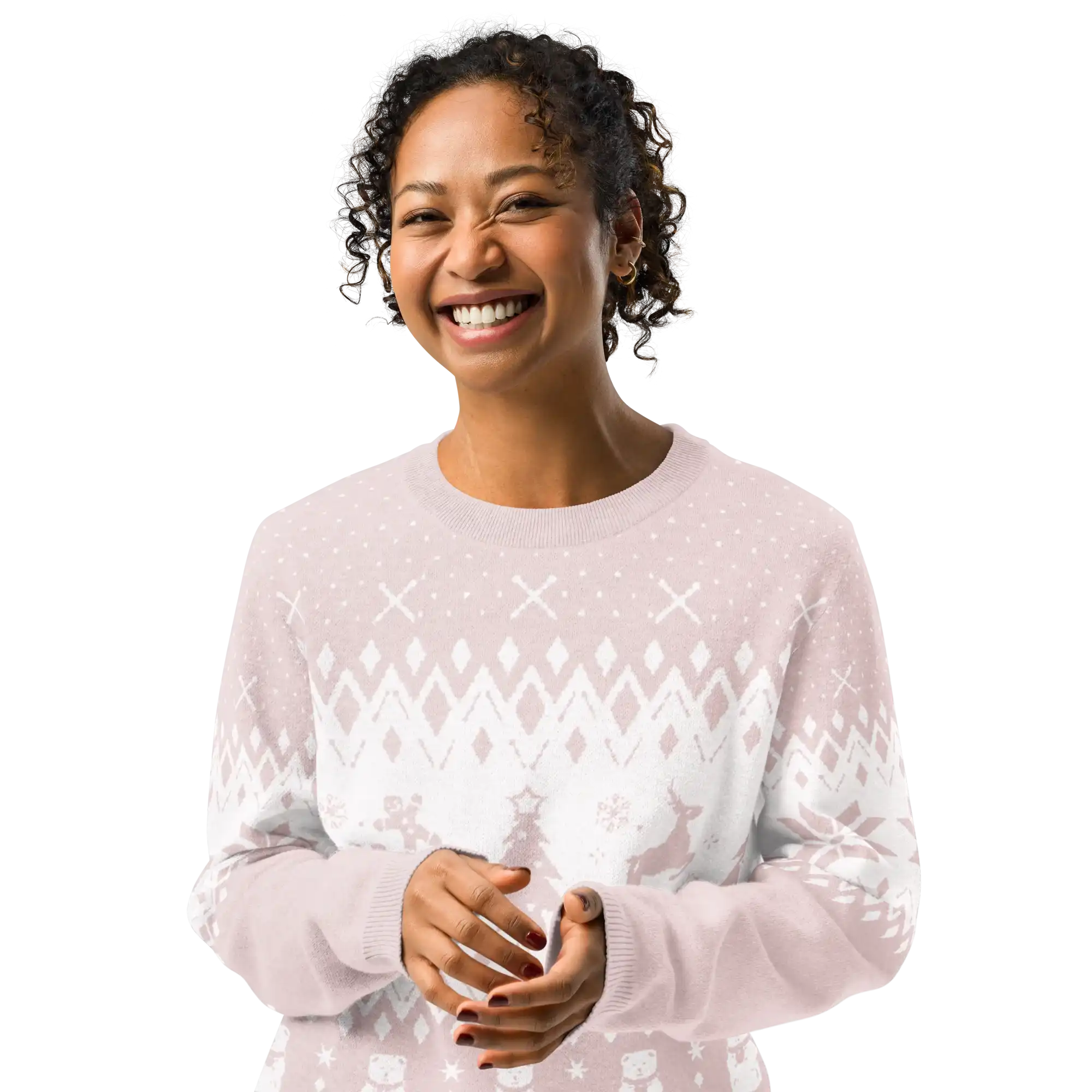Woman smiling in AEMBR classic fit knitted crew neck sweater with winter pattern