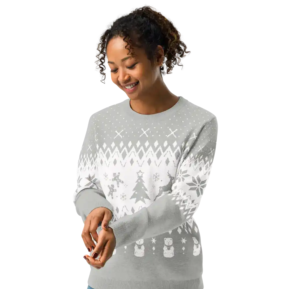 AEMBR classic fit grey crew neck sweater with white winter holiday pattern, worn by smiling woman
