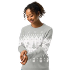 AEMBR classic fit grey crew neck sweater with white winter holiday pattern, worn by smiling woman