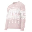 AEMBR classic fit pink knitted crew neck sweater with white holiday pattern, front view