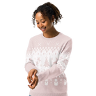 AEMBR classic fit knitted crew neck sweater with winter holiday pattern, worn by a woman