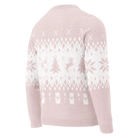 AEMBR pastel pink crew neck sweater, back view, with white holiday pattern, Christmas tree, and reindeer design