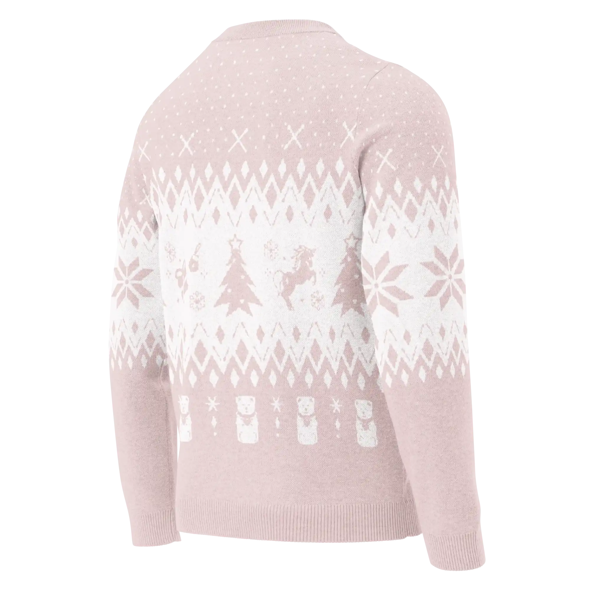 AEMBR pastel pink crew neck sweater, back view, with white holiday pattern, Christmas tree, and reindeer design