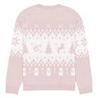 AEMBR classic fit knitted crew neck sweater in pink with white holiday-themed pattern, back view