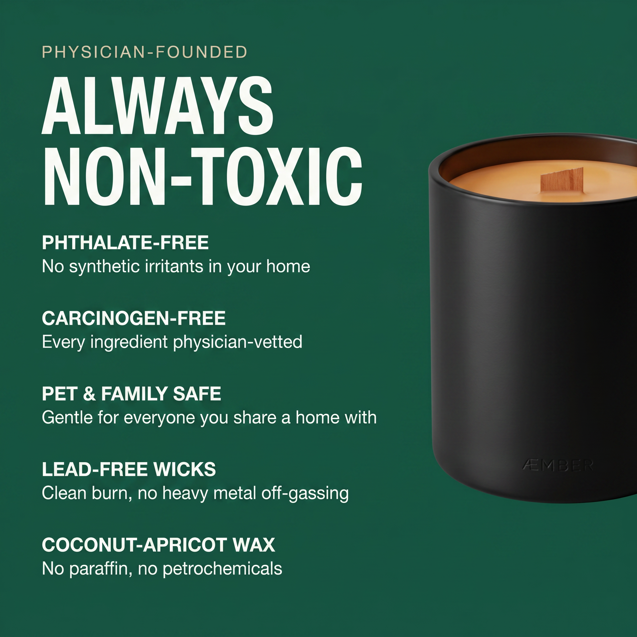 AEMBR Candle of the Month Club — always non-toxic. Phthalate-free, carcinogen-free, pet & family safe, lead-free wicks, coconut-apricot wax.