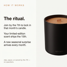 AEMBR Candle of the Month Club — how it works. Join by the 7th, scent ships the 15th, new surprise every month.