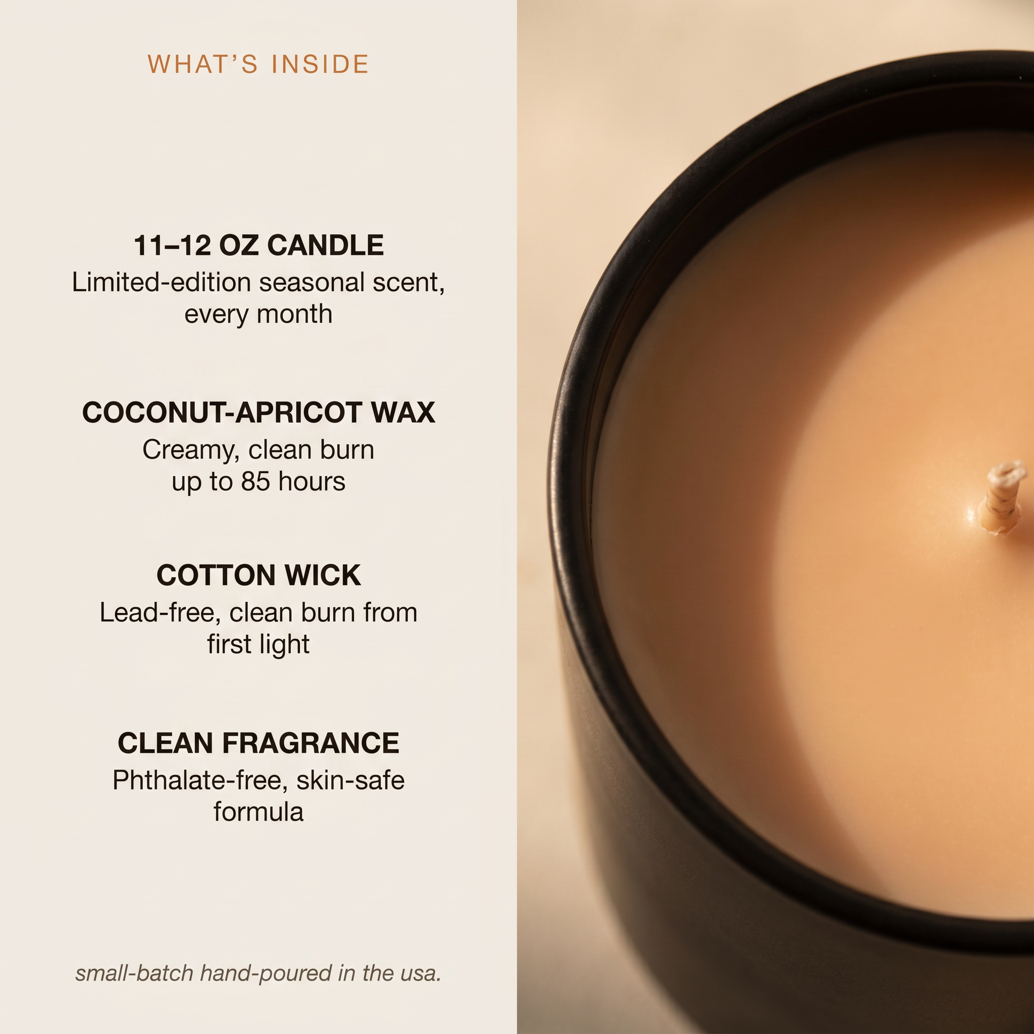AEMBR Candle of the Month Club — what's inside: 11–12 oz candle, coconut-apricot wax, cotton wick, clean phthalate-free fragrance.