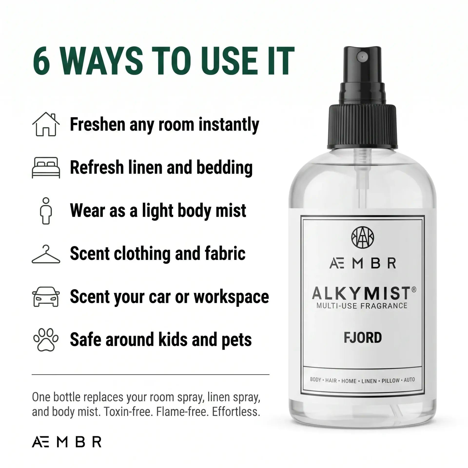Alkymist® Fjord multi-use room spray by AEMBR in a sleek bottle, ready for freshening indoor spaces with a calming fragrance.