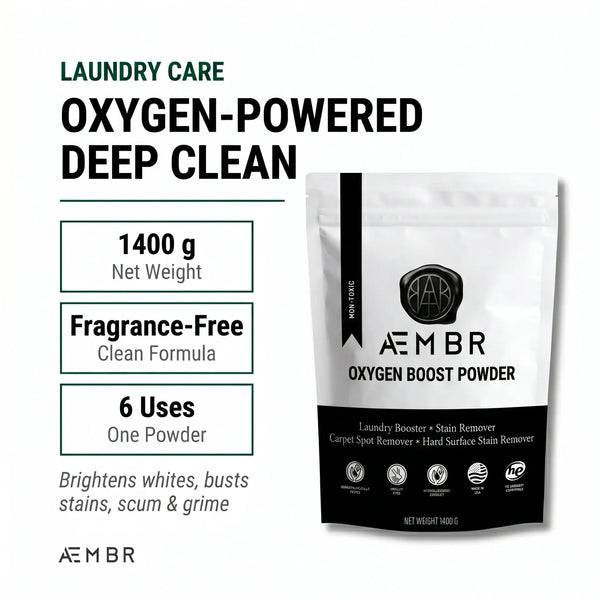 AEMBR Oxygen Boost laundry additive bottle with label, designed to enhance stain removal and brighten clothes.