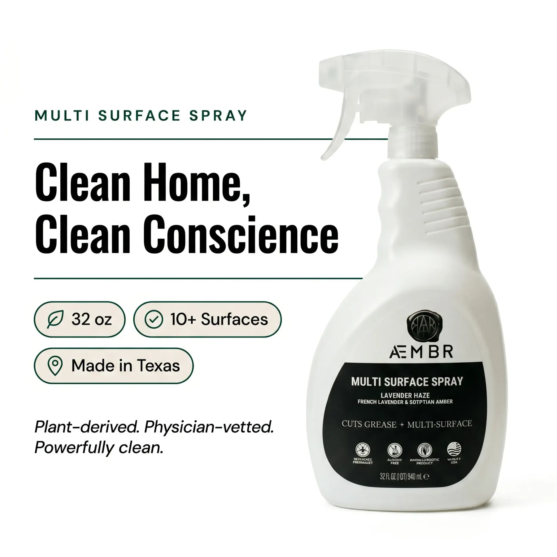 AEMBR multi surface spray bottle with spray nozzle, designed for cleaning various surfaces in a home or office setting.
