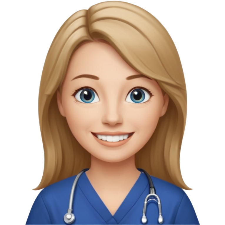 Smiling woman emoji with blonde hair, blue eyes, wearing navy blue scrubs and stethoscope