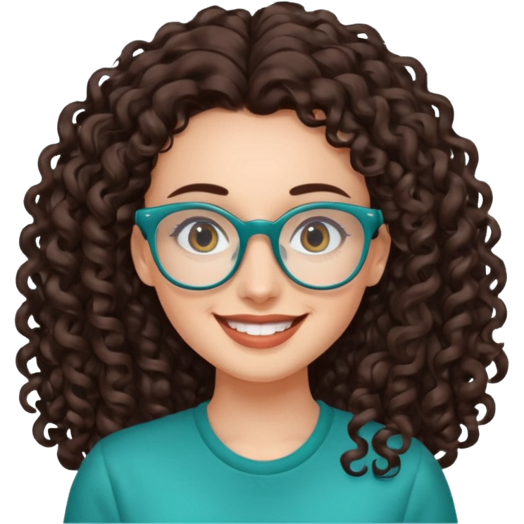 cartoon woman with curly dark brown hair, teal glasses, teal shirt, smiling avatar