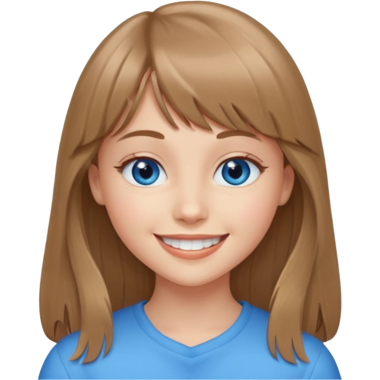 young female emoji with heart-shaped face, blue eyes, light brown long hair, smiling