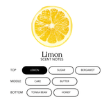 Limon candle scent notes chart by AEMBR showing lemon, sugar, bergamot, cake, butter, tonka bean, honey.
