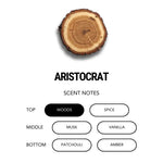 AEMBR Aristocrat candle scent notes with wood slice image, highlighting woods, spice, musk, vanilla, patchouli, and amber fragrance notes.