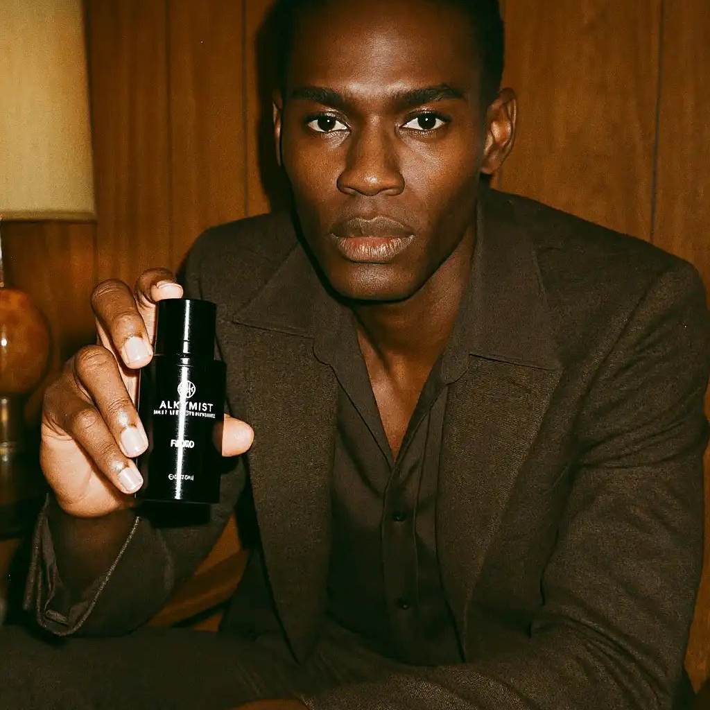 Man in brown suit holding AEMBR non-toxic home fragrance bottle, wooden background