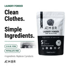 AEMBR Laundry Powder — 4 simple ingredients, replaces 3 products, up to 65 loads per pouch, phthalate-free