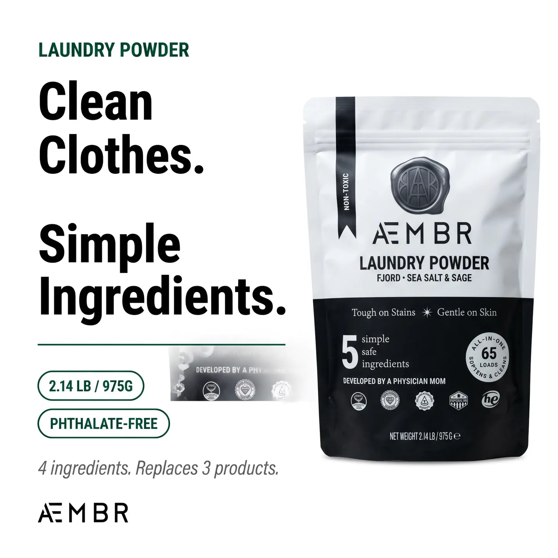 AEMBR Laundry Powder — 4 simple ingredients, replaces 3 products, up to 65 loads per pouch, phthalate-free