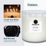 AEMBR Fraser Fir candle with 6 lead-free wicks, real wax seal, non-toxic home fragrance.