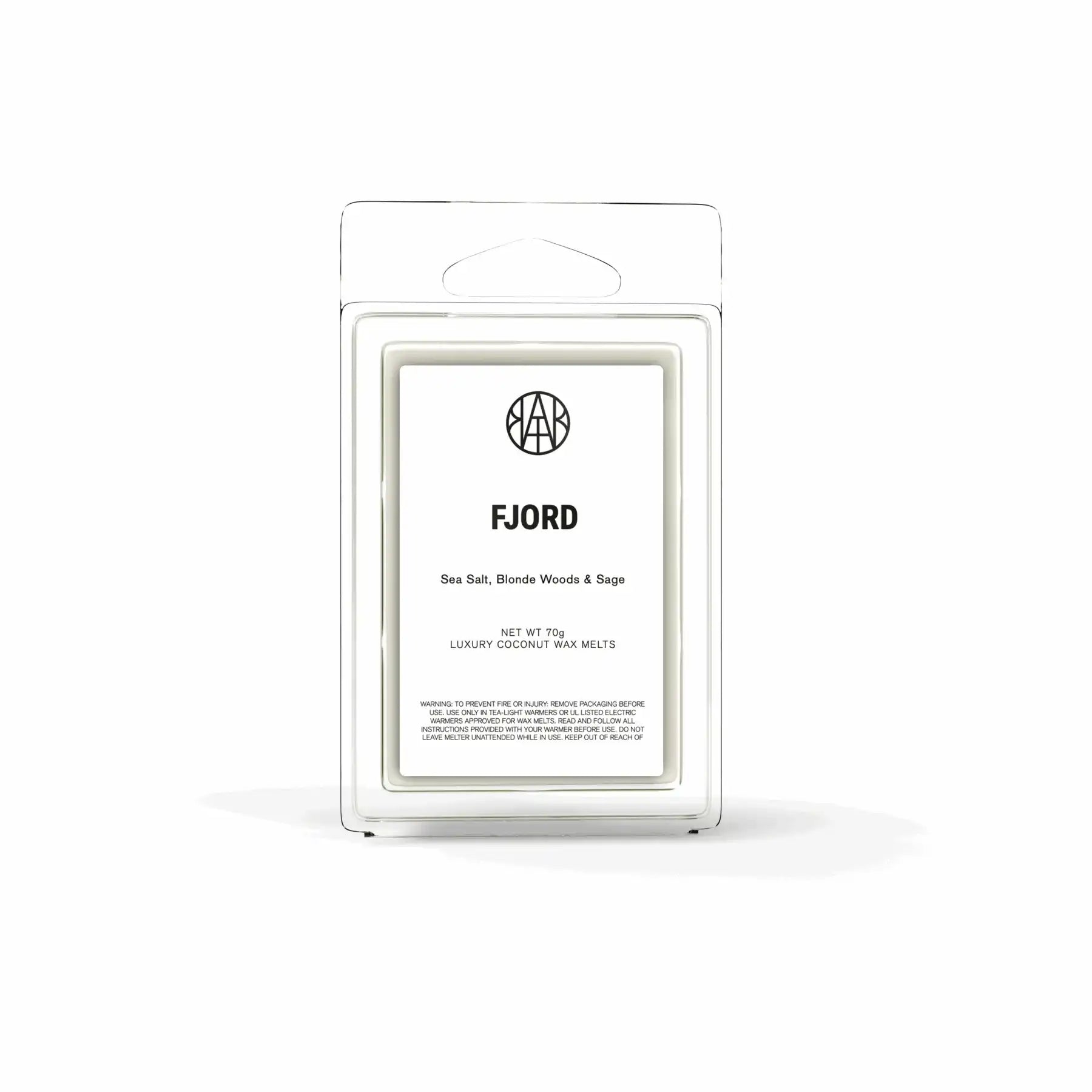 AEMBR Fjord luxury coconut wax melts in clear packaging, labeled sea salt, blonde woods, sage.