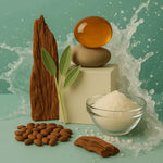 Natural non-toxic detergent concept with almonds, sea salt, wood, and splash, AEMBR home products