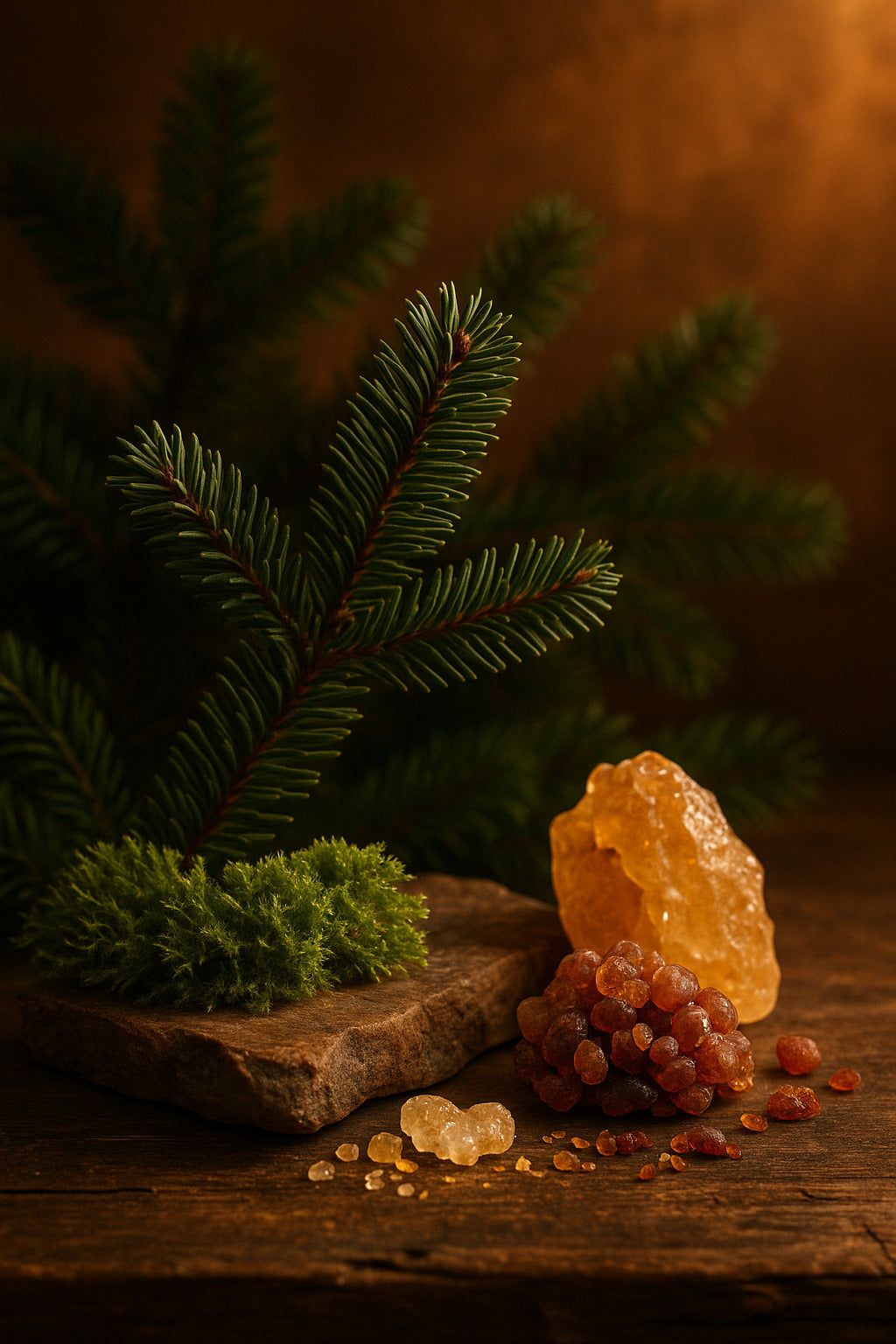 fir moss and frankincense myrrh elements on a slate of petrified wood by aembr