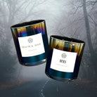 AEMBR iridescent glass candles labeled Practical Magic and Hexs with forest background, Halloween theme