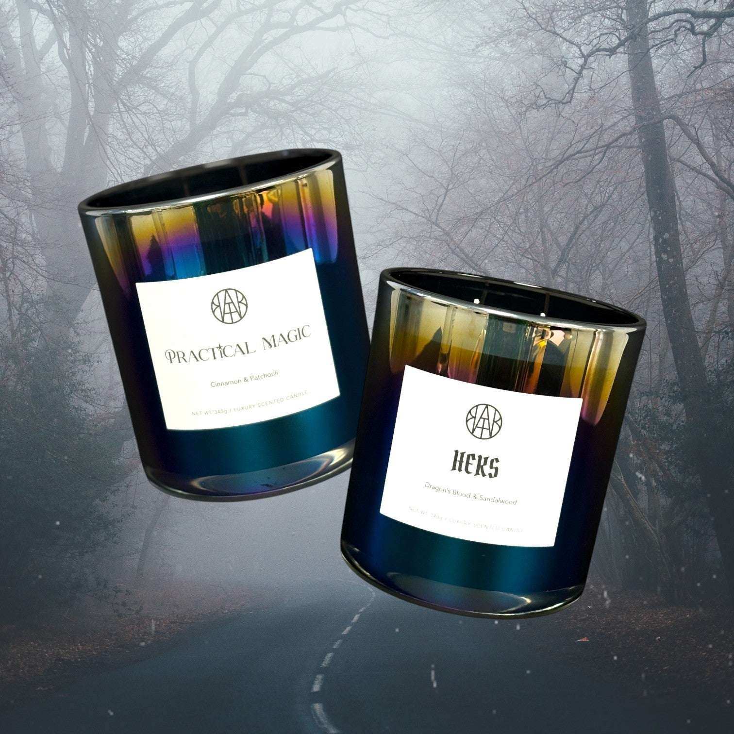 AEMBR iridescent glass candles labeled Practical Magic and Hexs with forest background, Halloween theme