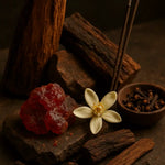 Natural candle ingredients including wood, resin, white flower, cloves, and incense by AEMBR