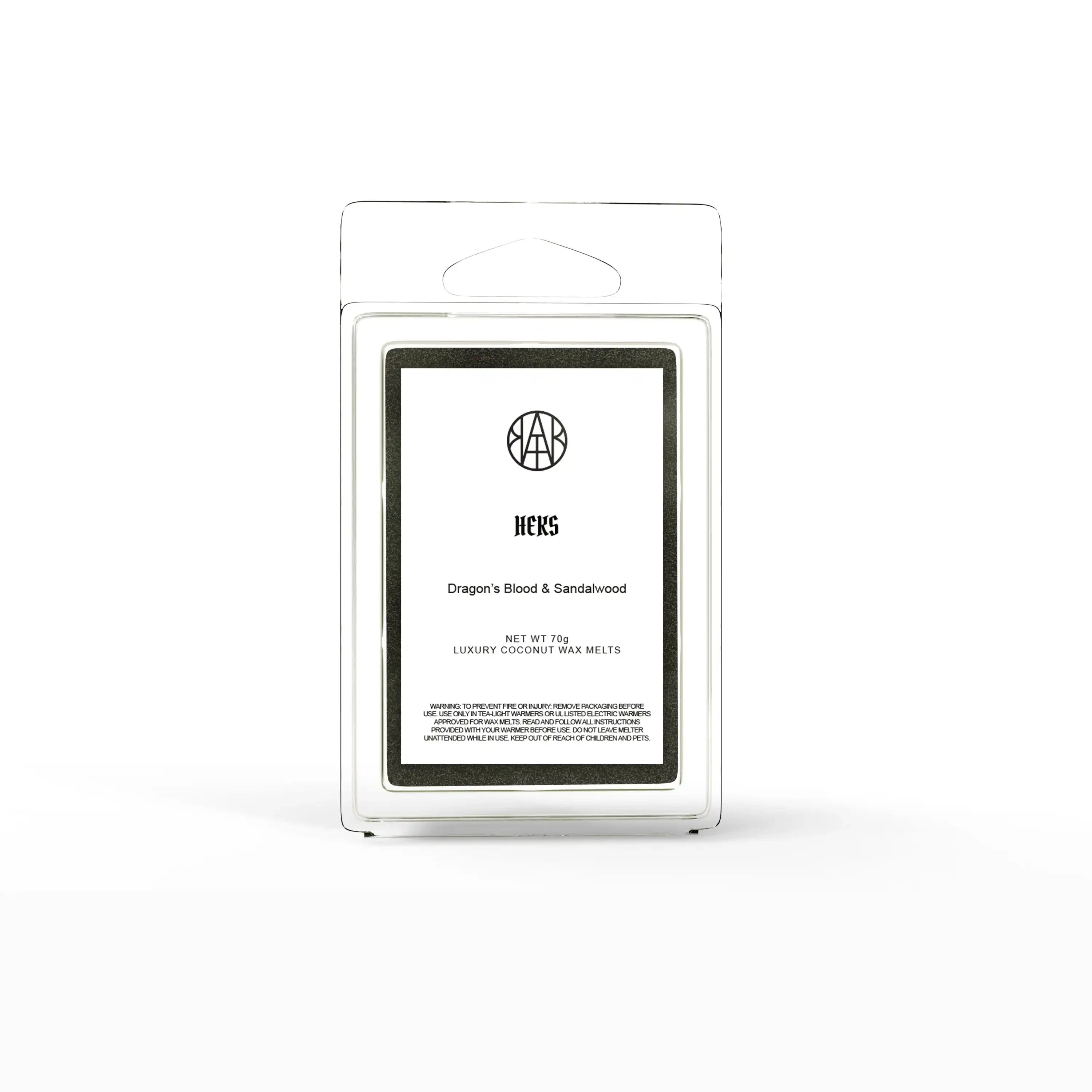 AEMBR HEKS Dragon's Blood & Sandalwood luxury coconut wax melts in clear packaging