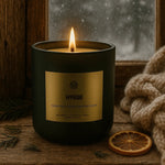 Hygge scented candle by AEMBR with gold label beside dried orange and knit blanket on wood table