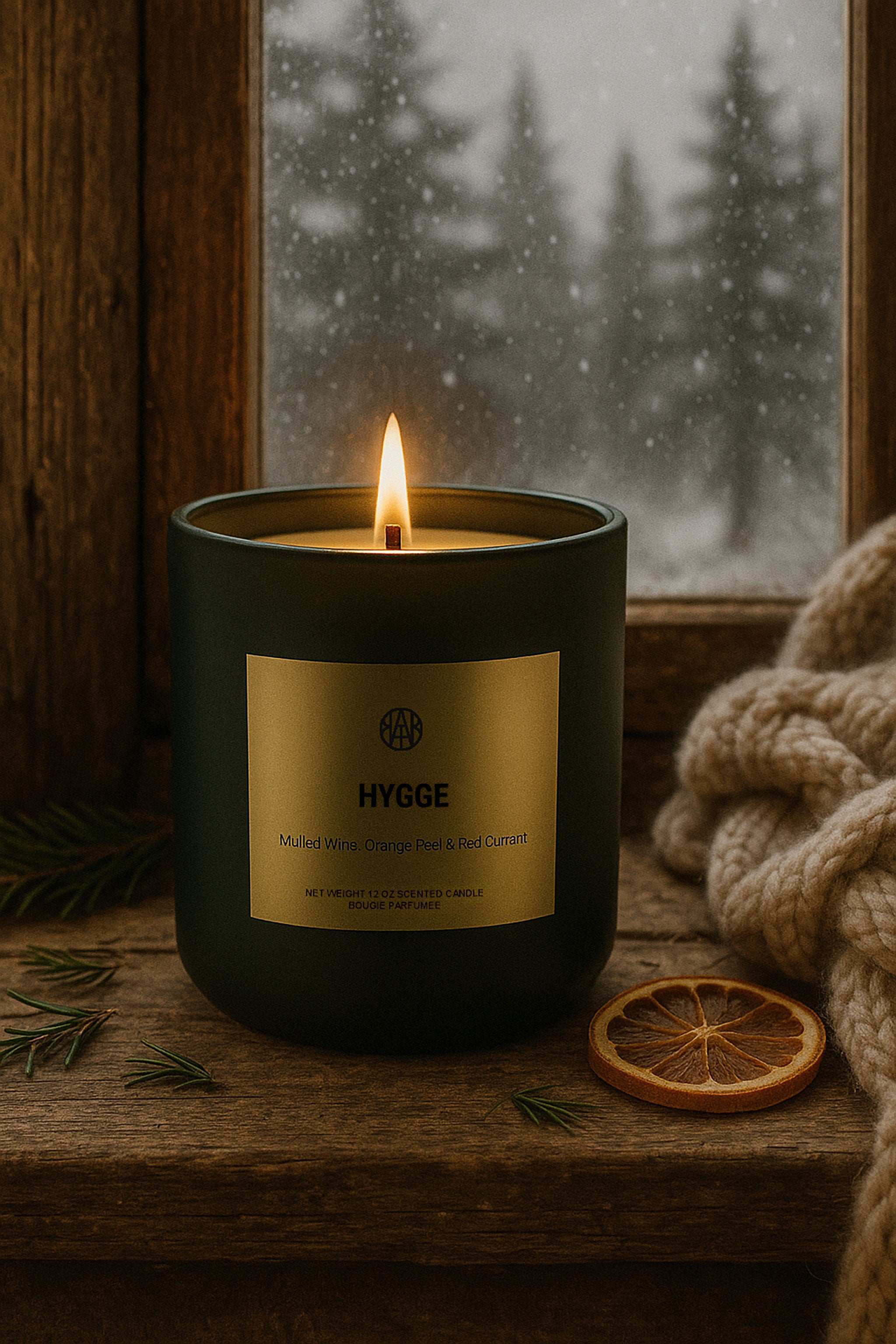 AEMBR Hygge candle burning on a rustic window sill with cozy knit and dried orange slice