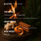 AEMBR JULETID candle scent notes with cinnamon sticks, ginger, orange peel, pine branches, and a fireplace background.