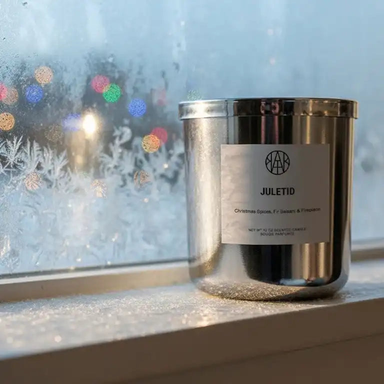AEMBR silver Juletid candle on frosty windowsill with winter holiday lights bokeh