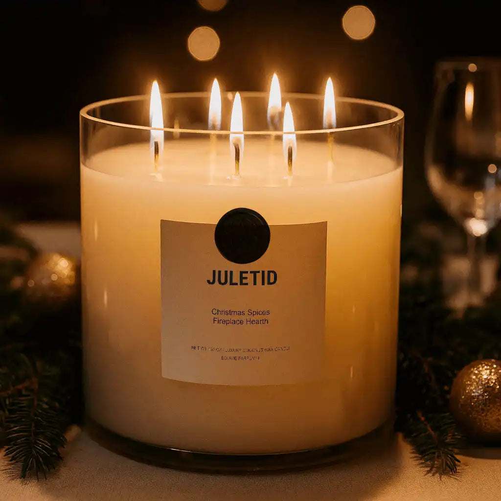 AEMBR JULETID holiday candle with five lit wicks, festive decor, and Christmas spices scent