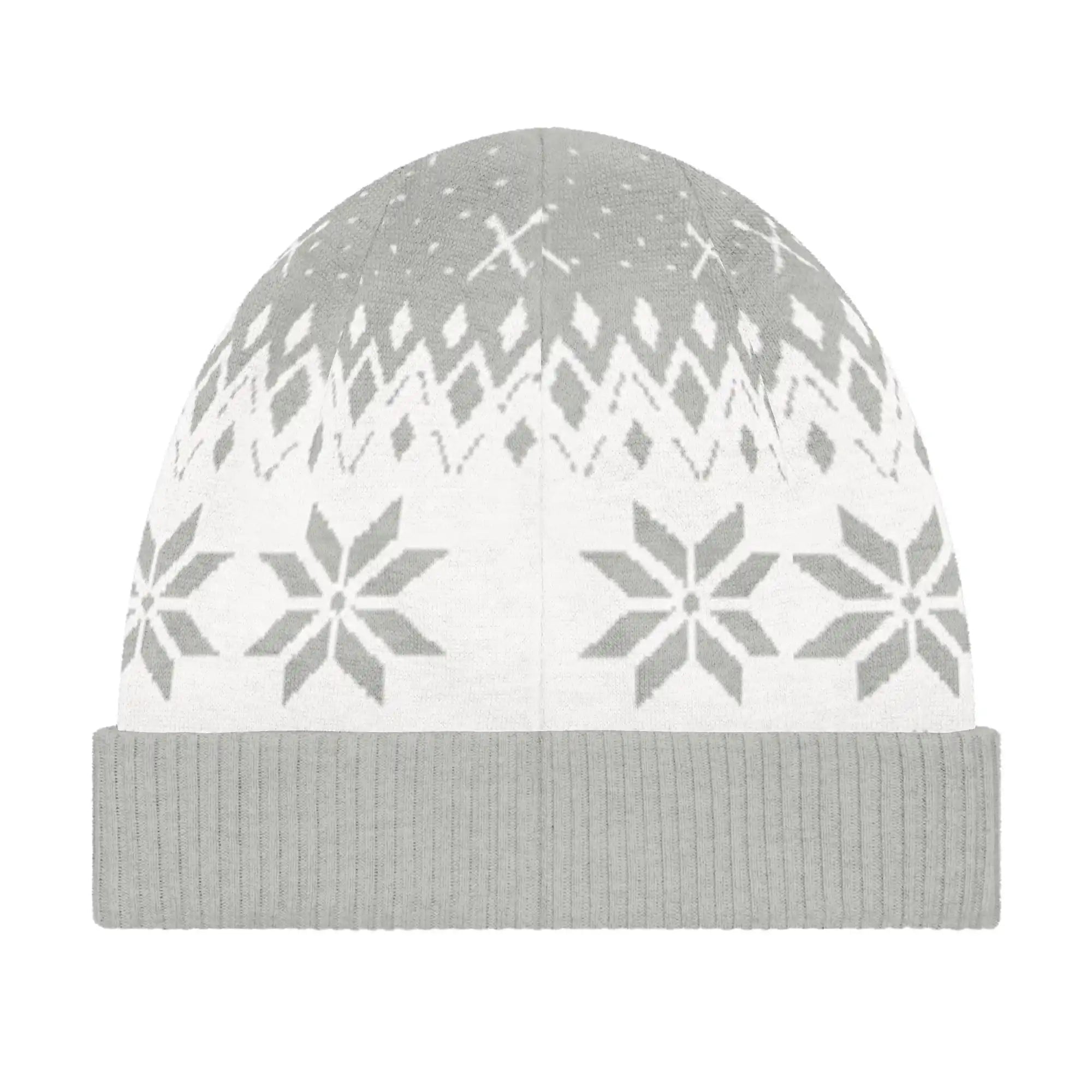 AEMBR grey and white knitted beanie with snowflake pattern, folded cuff, winter hat