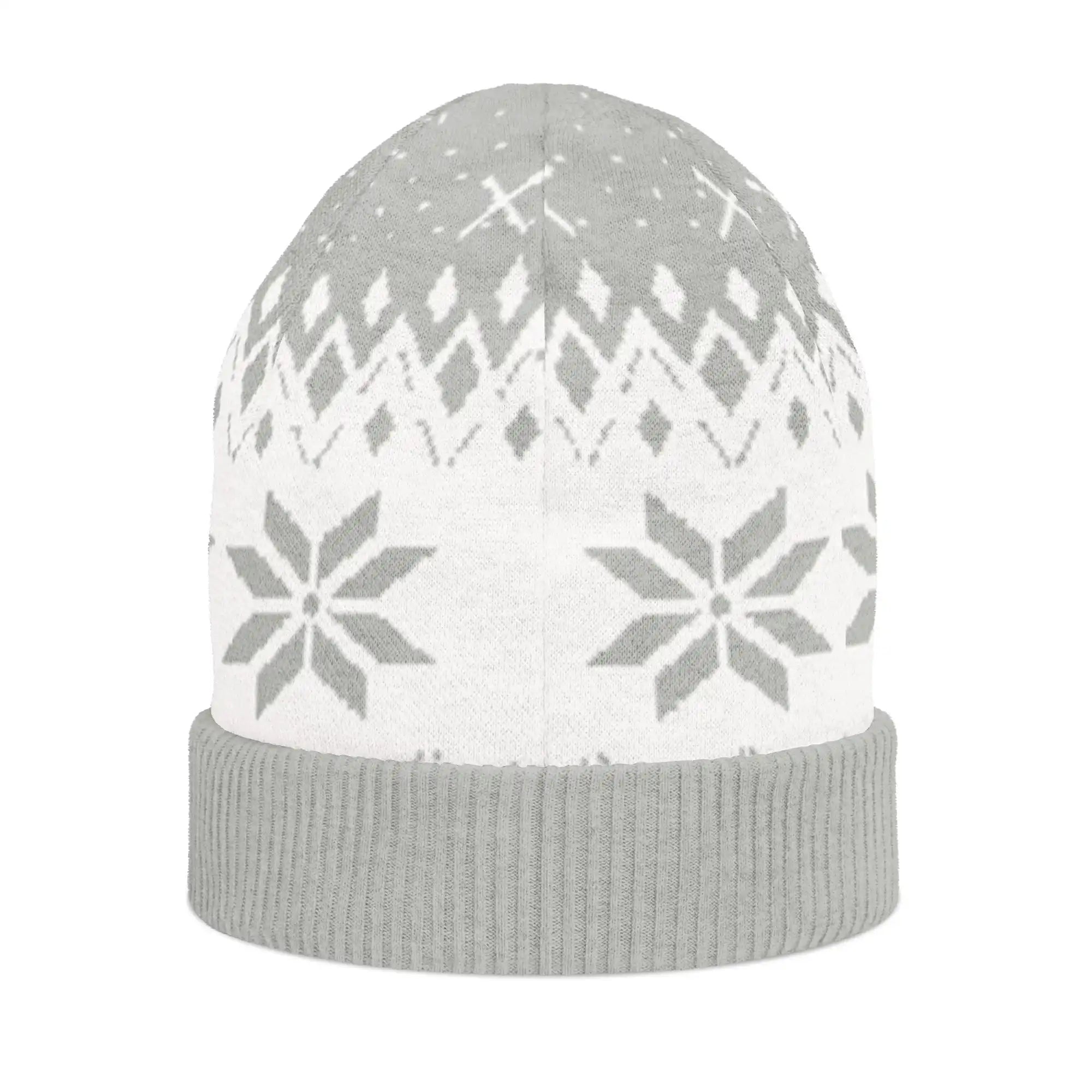 AEMBR grey and white knitted beanie with snowflake pattern, winter hat, back view