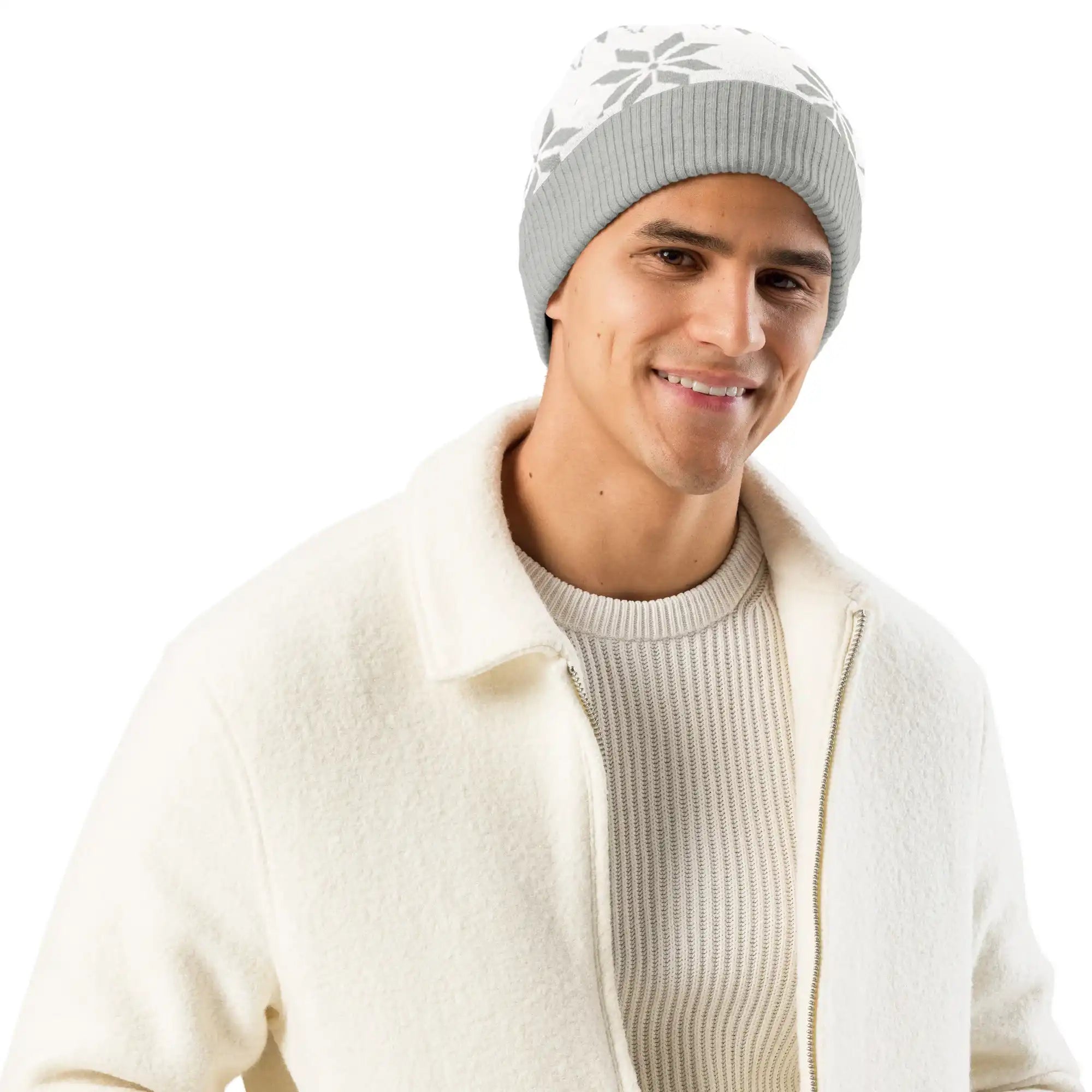 AEMBR grey and white knitted beanie with snowflake pattern, worn by man in white jacket