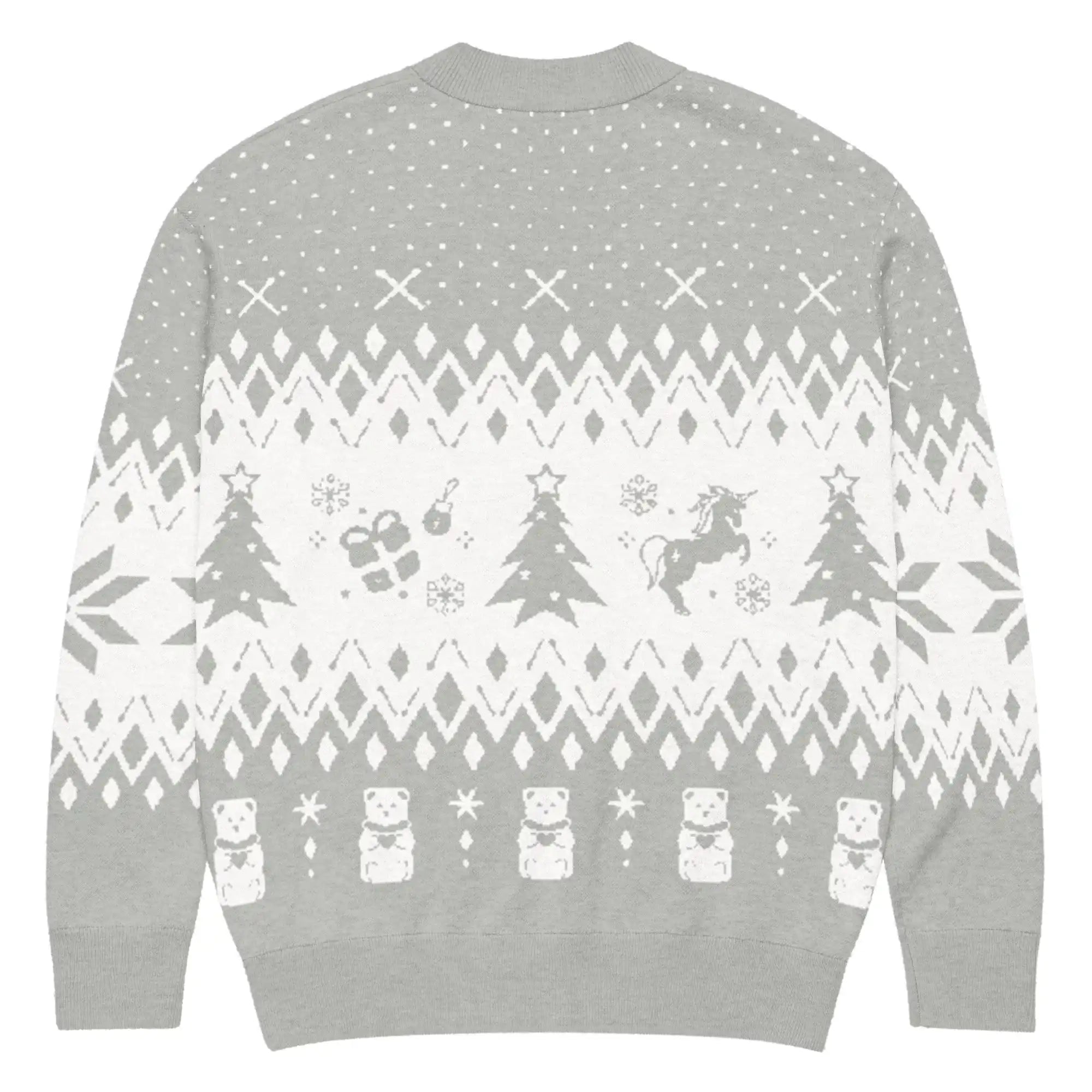 AEMBR grey and white knitted cardigan with holiday trees, unicorn, and teddy bear patterns