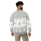 AEMBR men's gray and white knitted cardigan with festive holiday pattern, viewed from the back