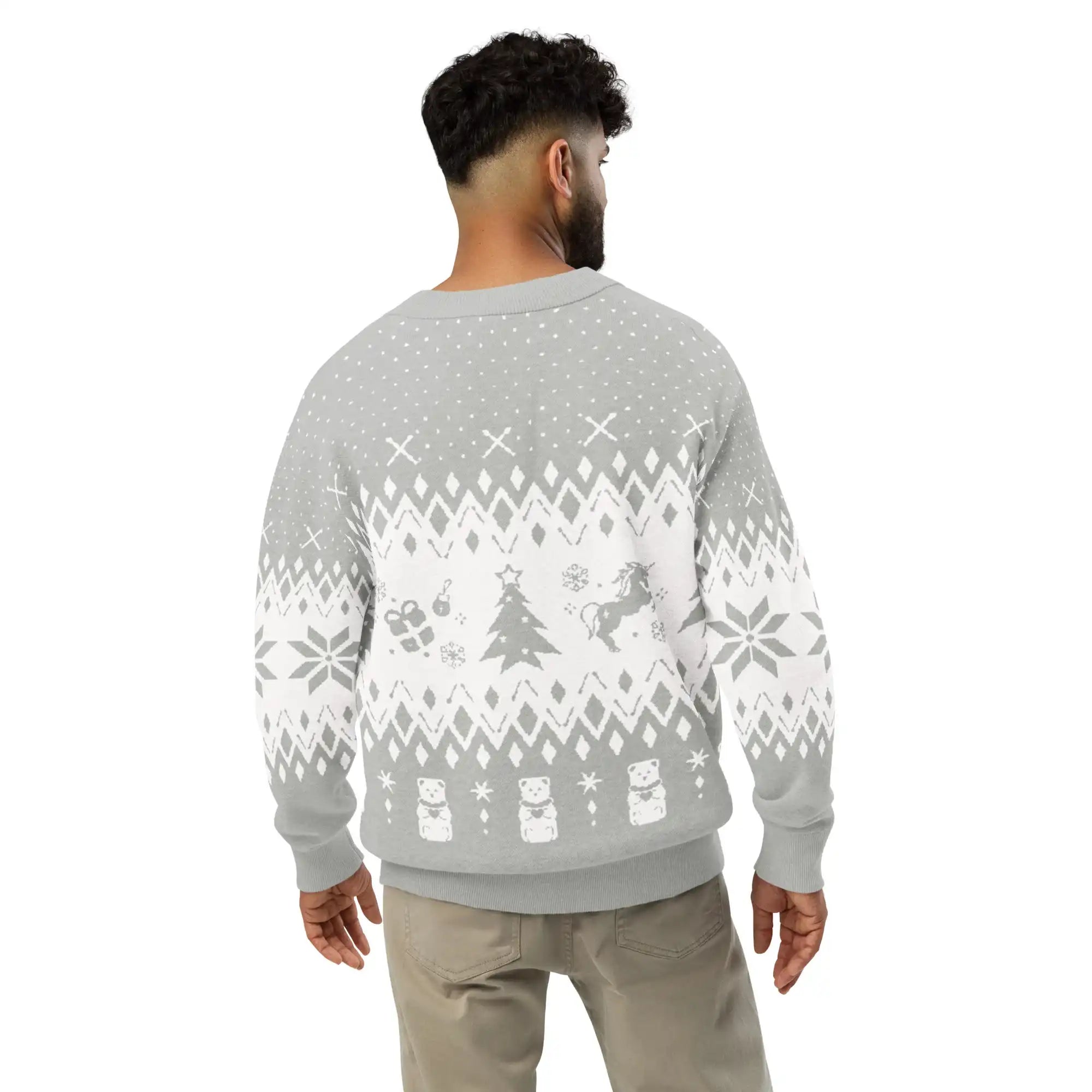 AEMBR men's gray and white knitted cardigan with festive holiday pattern, viewed from the back
