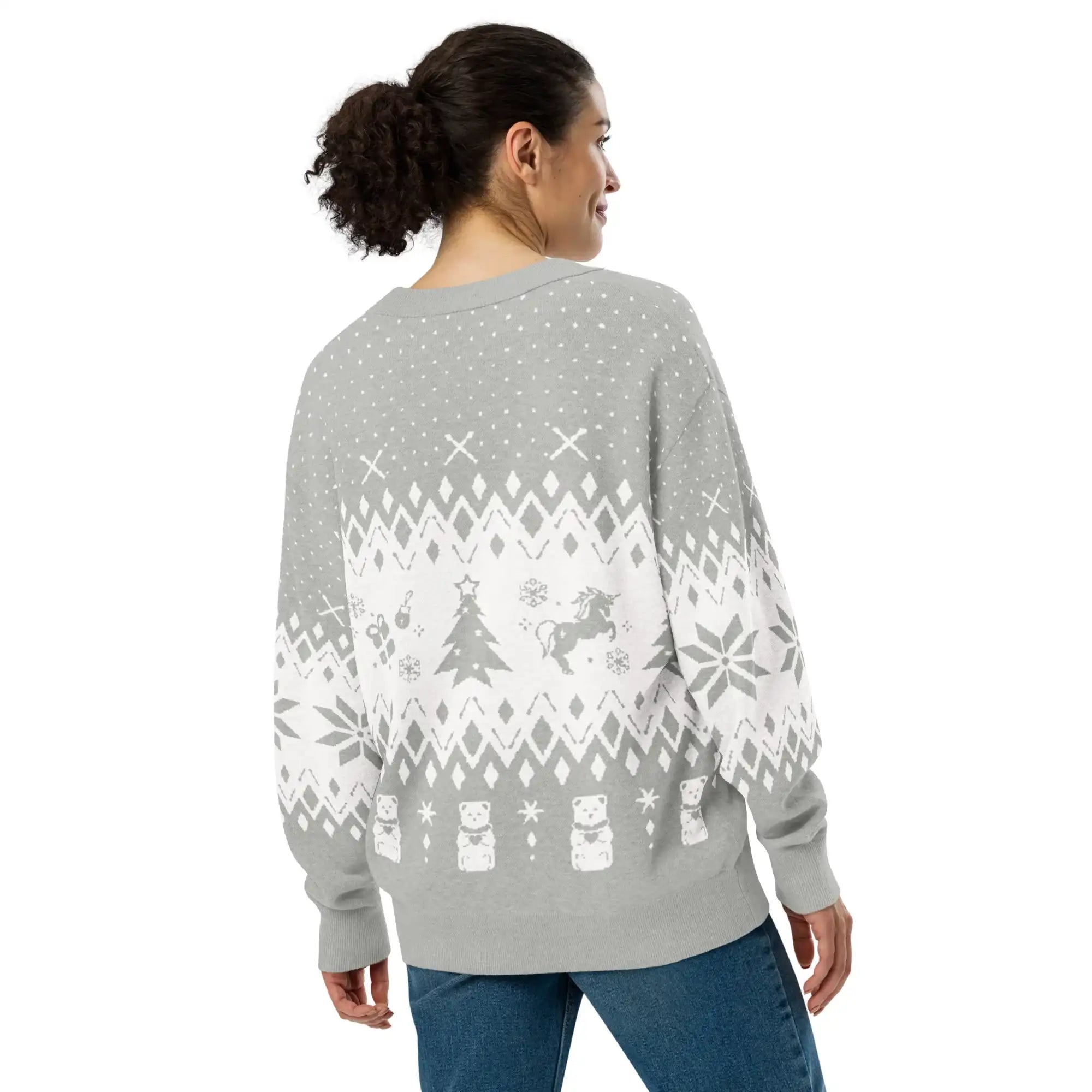AEMBR woman in gray and white holiday knit cardigan with festive tree and bear pattern, back view