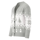 AEMBR grey and white knitted cardigan with snowflake, reindeer, and Christmas tree patterns.