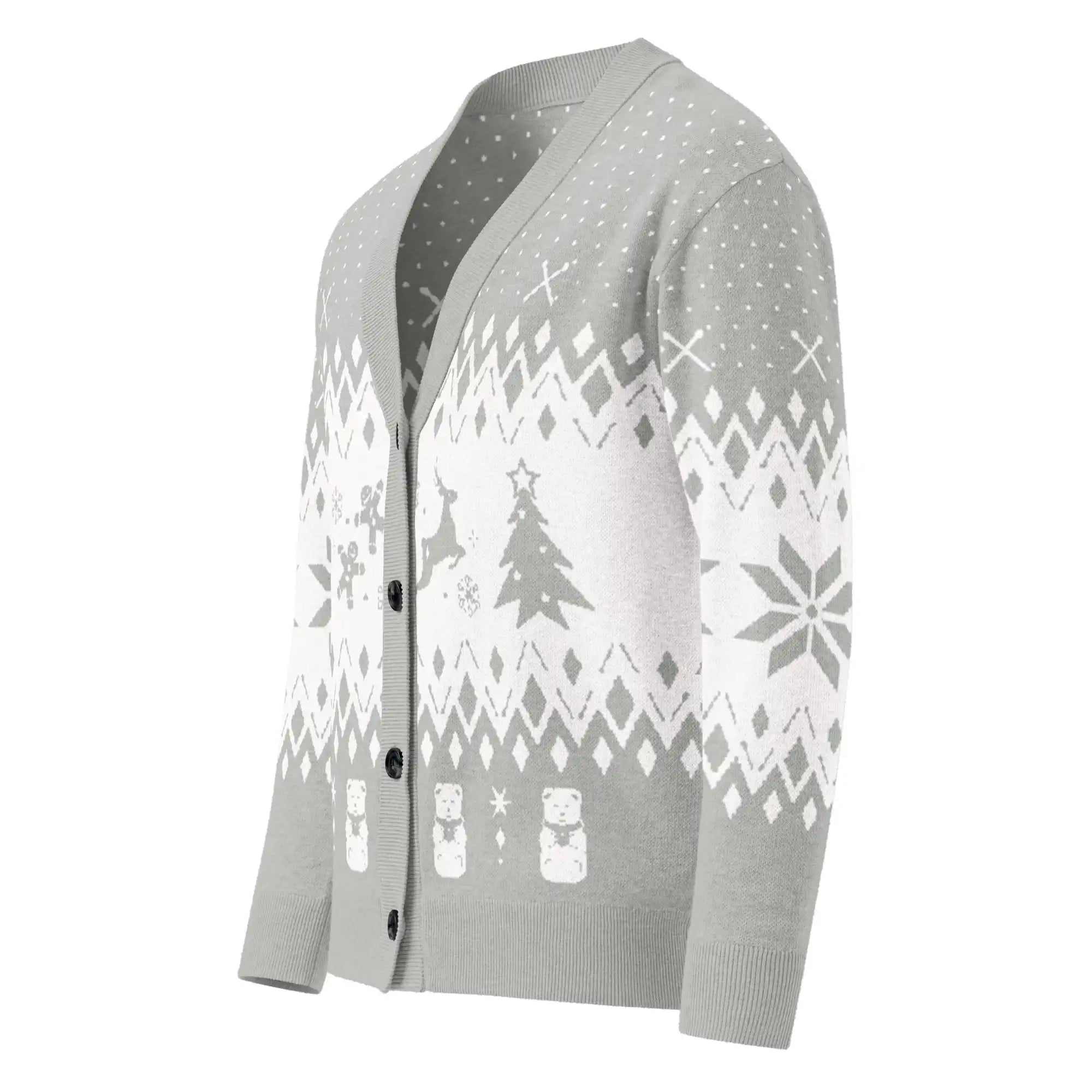 AEMBR grey and white knitted cardigan with snowflake, reindeer, and Christmas tree patterns.