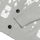 AEMBR knitted grey cardigan close-up with black buttons and white bear pattern design
