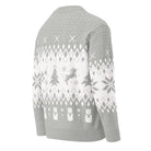 AEMBR grey and white knitted cardigan with festive holiday patterns including trees, unicorn, bears, and snowflakes
